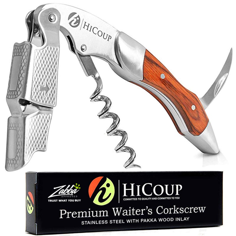 HiCoup Kitchenware Hicoup Wine Opener - Professional Corkscrews for Wine Bottles w/Foil Cutter and Cap Remover - Manual Wine Key for Servers, Waiters, Bartenders and Home Use - Stainless Steel With Pakka Wood Inlay - Image 1